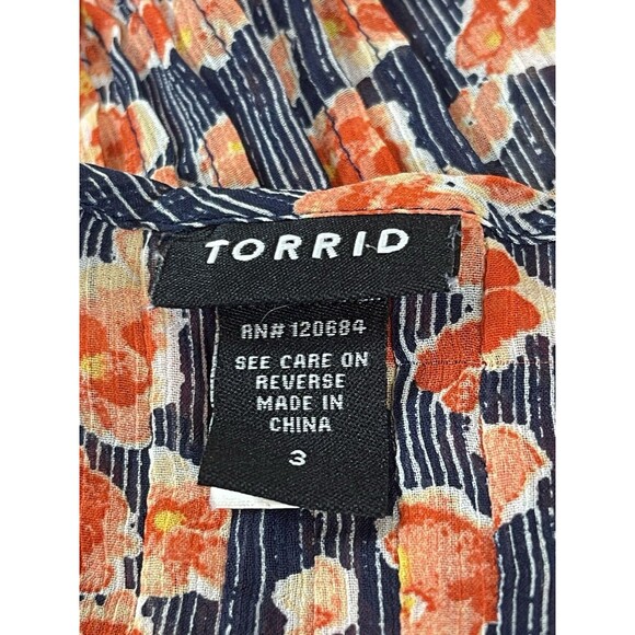 Torrid 3 Floral Blouse Navy Red Orange Print Pleated Boho Peasant Top Sheer 3X - Picture 4 of 11